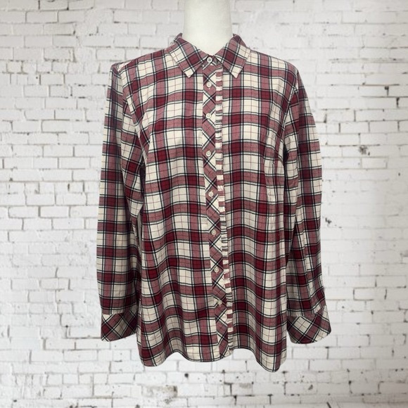 Talbots Sz. Large Red Tartan Plaid Blouse Ruffle Button L/S Metallic Cabincore - Picture 1 of 6